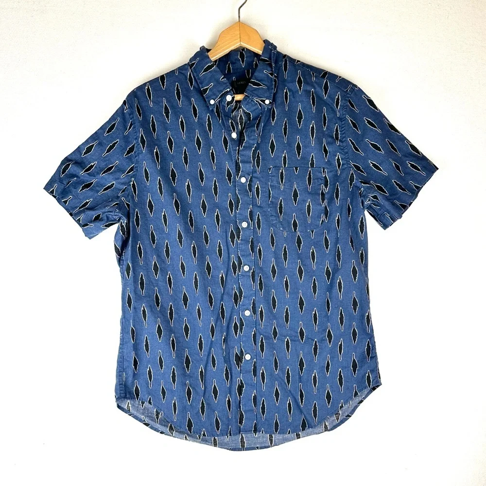 J Crew Linen Blend Leaf Print Button Down Shirt Resort Business Casual